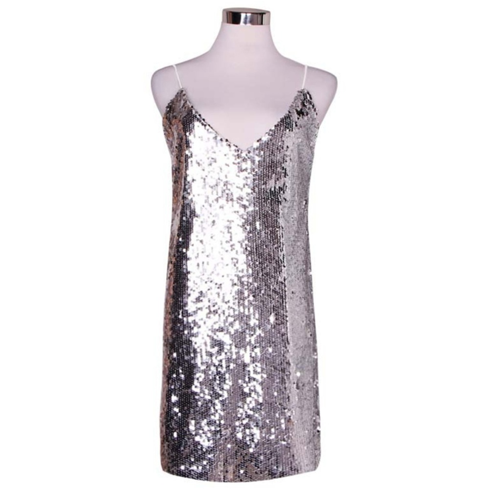 Deep V Neck Silver Sequined Backless Sexy Mini